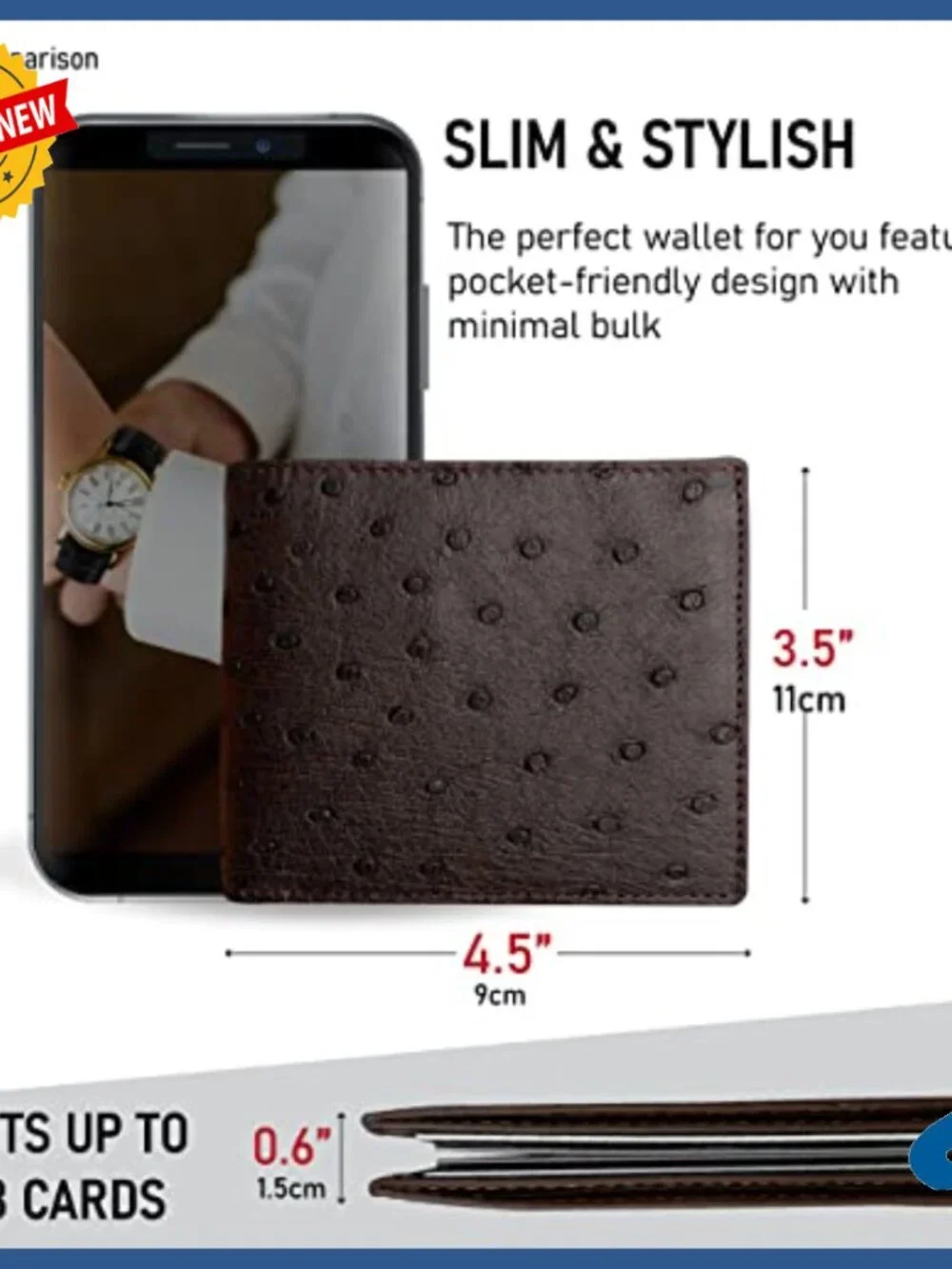 Men's Slim Bifold Wallet Ostrich Leather RFID Blocking Multiple Pockets